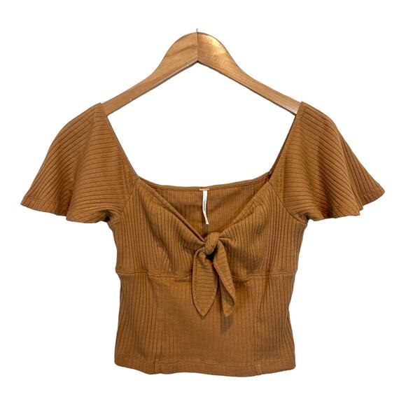 Free People Ribbed Knot Front Henley Flutter Sleeve Jersey Knit Crop Top M - Picture 1 of 6